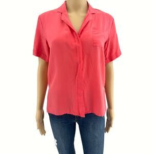 Vtg 80s Clio Los Angeles 100% Silk Blouse Pink Coral Short Sleeve Shirt 8